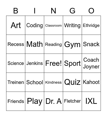 School Bingo Card