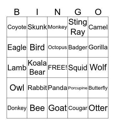 Birthday Girl's Animal Bingo Card