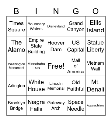 US ATTRACTIONS Bingo Card