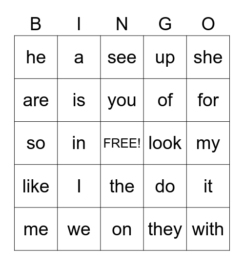 High Frequency Words Bingo Card