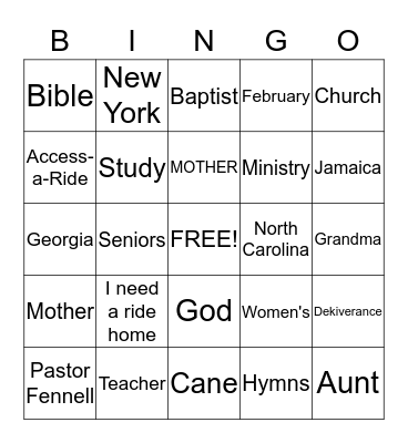 Reverend Cora Staton  Bingo Card
