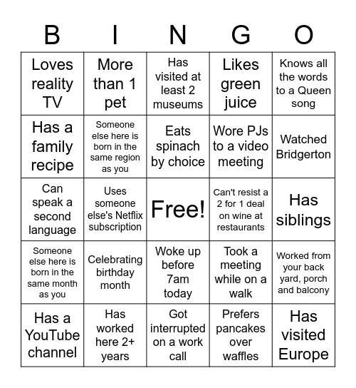 Team Bonding Bingo Card