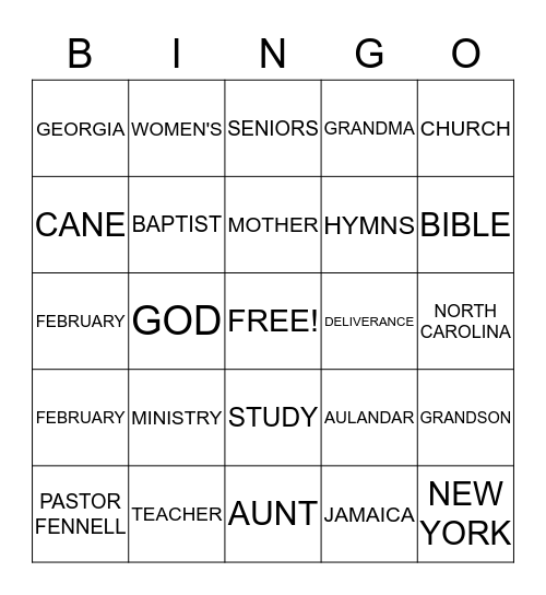 Reverend Cora Staton Bingo Card