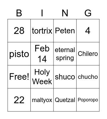 Guatemala Bing Bingo Card
