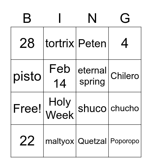Guatemala Bing Bingo Card