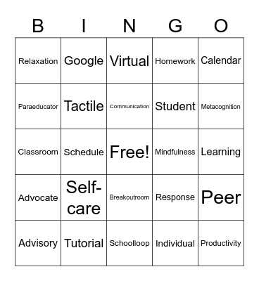 Study Skills Vocabulary Bingo Card