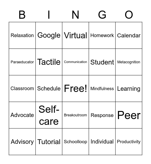 Study Skills Vocabulary Bingo Card