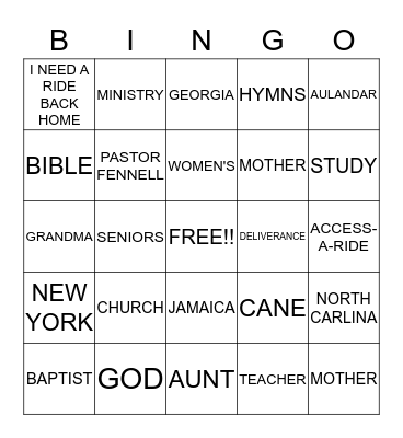 Reverend Cora Staton Bingo Card