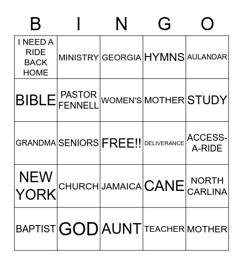 Reverend Cora Staton Bingo Card