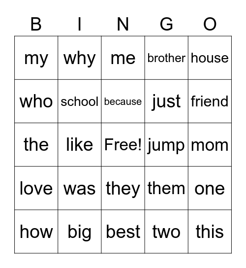 Friday Sight Word BINGO! Bingo Card