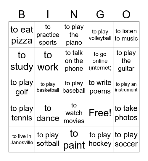 Los verbos Bingo Card