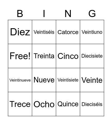 S1 Spanish numbers Bingo Card