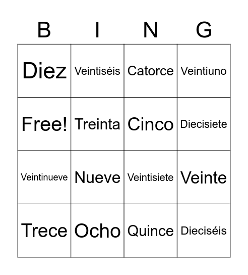 S1 Spanish numbers Bingo Card