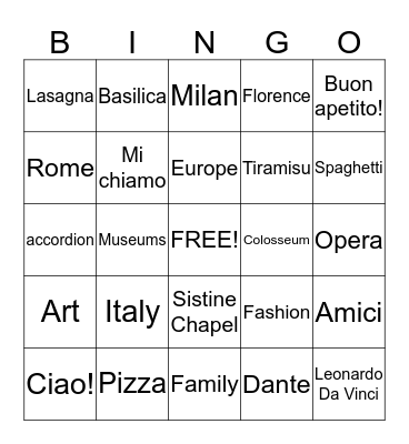 Italian Bingo Card
