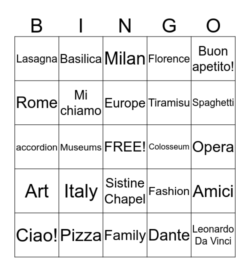 Italian Bingo Card