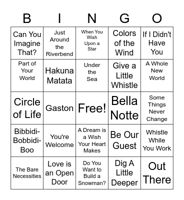 Disney Music Bingo Card