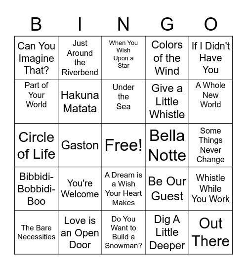 Disney Music Bingo Card