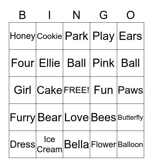 Bella Bear Bingo Card