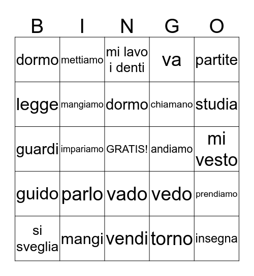 Conjugated Verbs Bingo Card