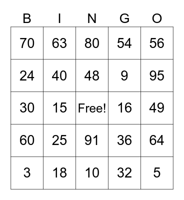 Multiplication Bingo Card