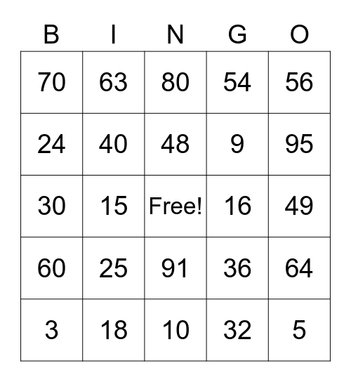Multiplication Bingo Card