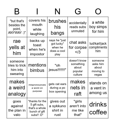 sykkuno stream bingo :D Bingo Card