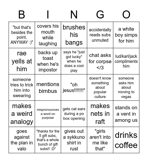 sykkuno stream bingo :D Bingo Card