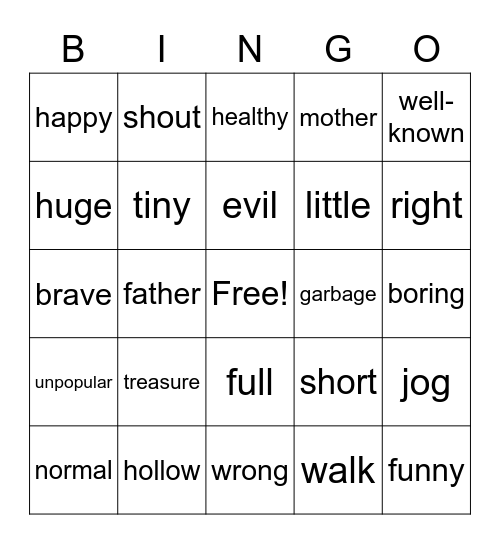Synonyms and Antonyms Bingo Card