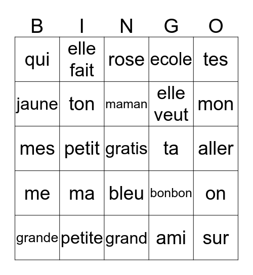 francais  2 Bingo Card