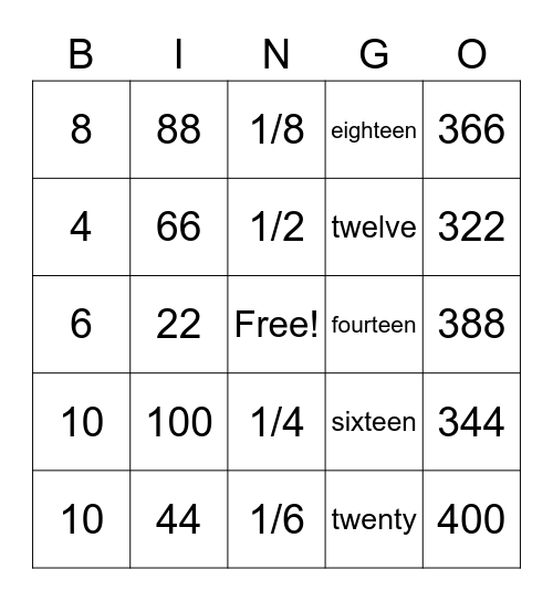 Even Number & Fraction BINGO Card