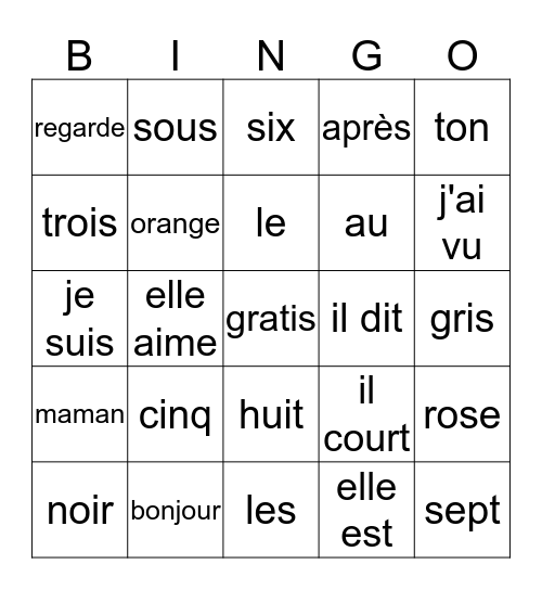 francais  3 Bingo Card