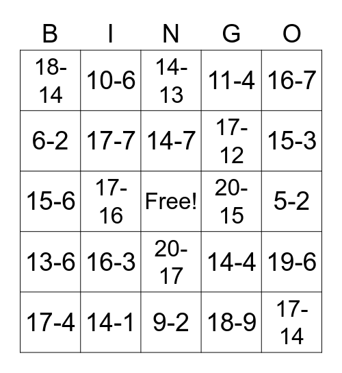 Subtraction Bingo Card