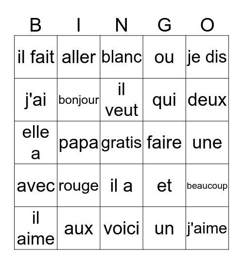 francais  4 Bingo Card