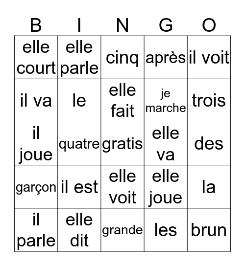 francais  5 Bingo Card