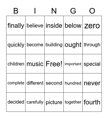2nd grade high frequency word Bingo Card