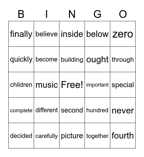 2nd grade high frequency word Bingo Card