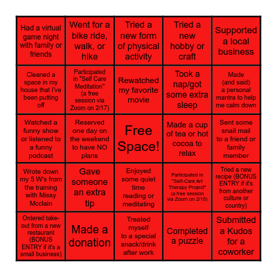 February Self-Care Bingo Card