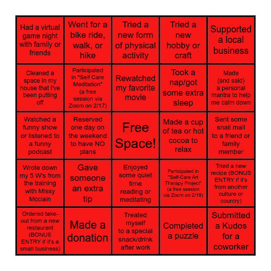 February Self-Care Bingo Card