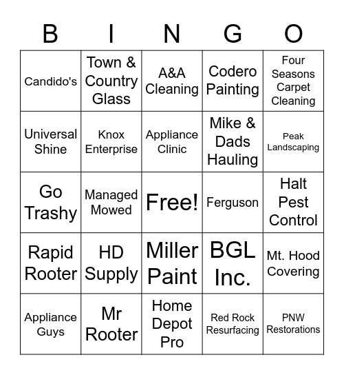 Vendor Bingo Card