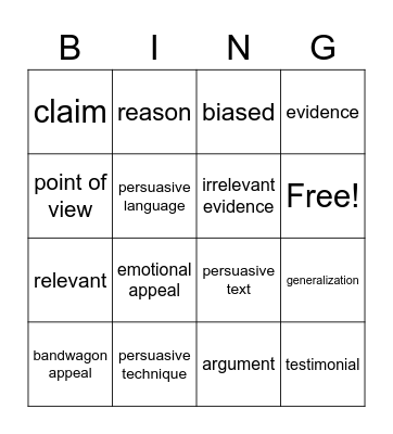 Persuasive Text Unit 3 Bingo Card