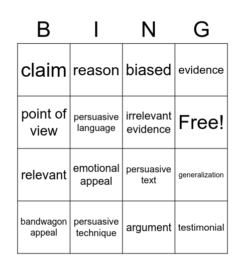 Persuasive Text Unit 3 Bingo Card