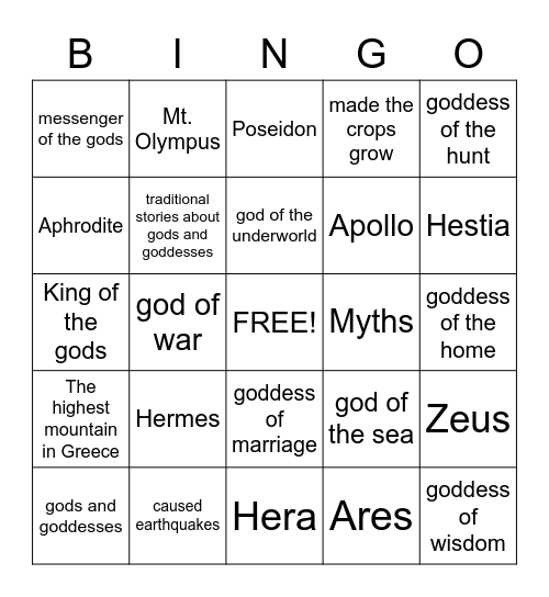Greek Mythology Bingo Card