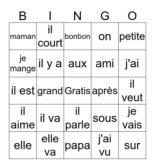 francais (Semester 2 sight words) Bingo Card