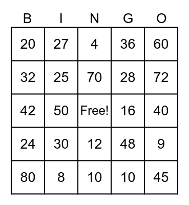 Multiplication Bingo Card