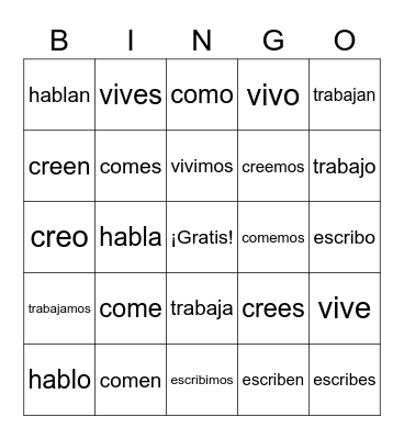 Regular verbs present Bingo Card
