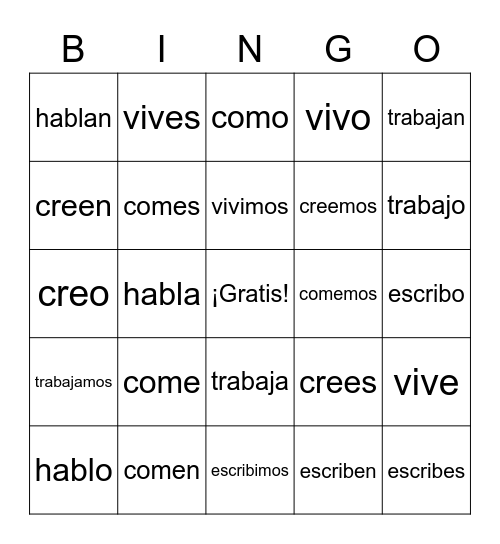 Regular verbs present Bingo Card