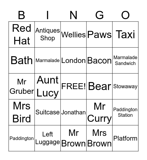 Paddington Bingo Card