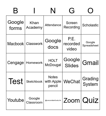 School Stuffs Bingo Card
