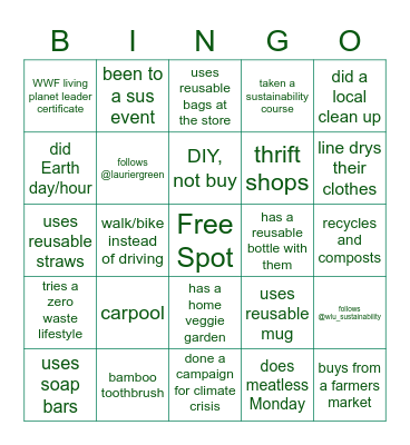 Sustainability bingo Card