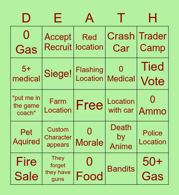 Death Road to Canada Bingo Card